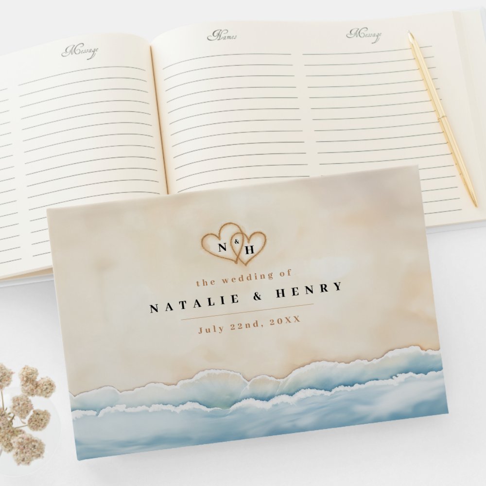 Beach Wedding Guest Book & Watercolor Ocean Hearts
