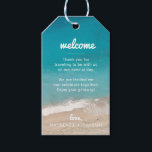 Beach Wedding Guest Thank You and Welcome Gift Tags<br><div class="desc">These beach destination wedding hotel guest welcome gift bag tags are perfect for a modern wedding with retro beach town vibes, featuring a deep turquoise blue ocean wave coming to a soft, sandy shoreline. Personalize the favor tags with your names, wedding date, and custom thank you note for the guests...</div>