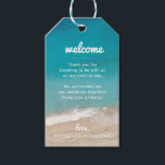 Beach Wedding Guest Thank You and Welcome Gift Tags<br><div class="desc">These beach destination wedding hotel guest welcome gift bag tags are perfect for a modern wedding with retro beach town vibes, featuring a deep turquoise blue ocean wave coming to a soft, sandy shoreline. Personalize the favor tags with your names, wedding date, and custom thank you note for the guests...</div>