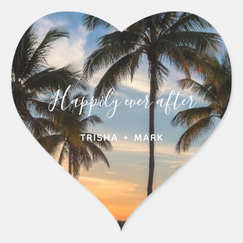 Beach Wedding Happily Ever After Palm Tree Favor Heart Sticker