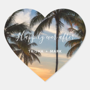 Beach Wedding Happily Ever After Palm Tree Favor Heart Sticker