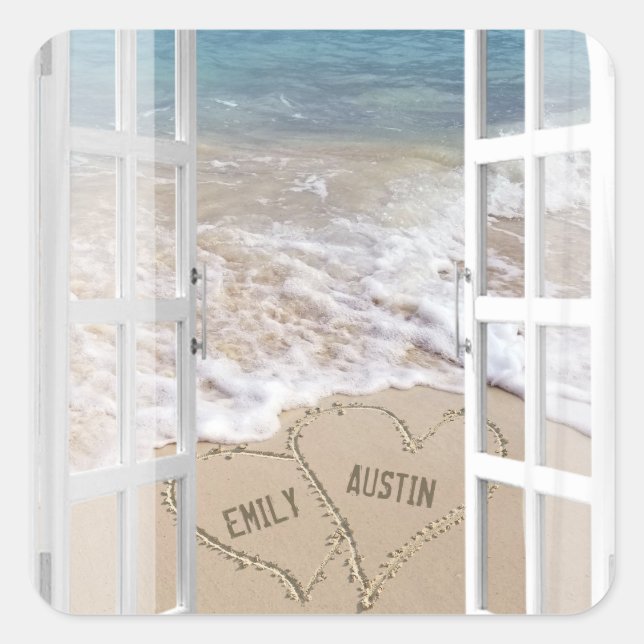 Beach Wedding Hearts in Open Window Square Sticker (Front)