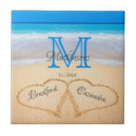 Beach Wedding Hearts in Sand Family Monogram  Ceramic Tile<br><div class="desc">Wedding Hearts in Sand Family Monogram,  Bride  Groom Tile</div>