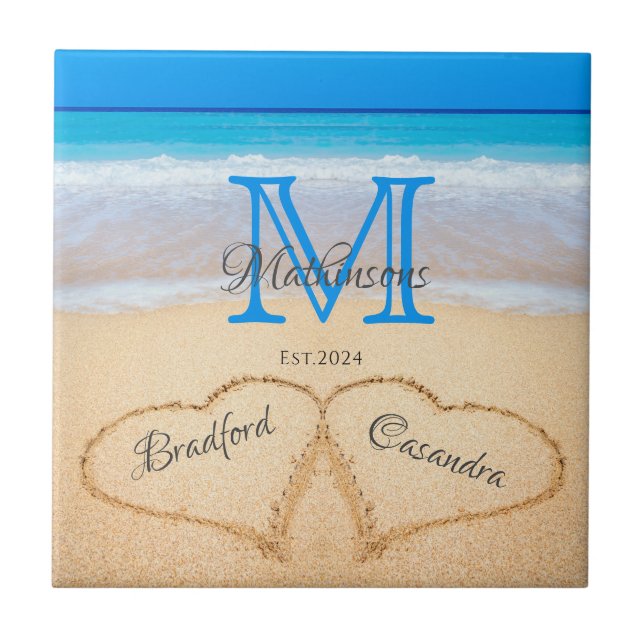  Beach Wedding Hearts in Sand Family Monogram  Ceramic Tile (Front)