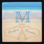 Beach Wedding Hearts in Sand Family Monogram  Stone Coaster<br><div class="desc">Wedding  Bride Groom names with Hearts in Sand,  Family Monogram, </div>