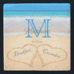 Beach Wedding Hearts in Sand Family Monogram  Stone Coaster<br><div class="desc">Wedding  Bride Groom names with Hearts in Sand,  Family Monogram, </div>