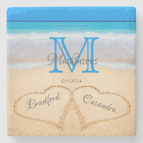  Beach Wedding Hearts in Sand Family Monogram  Stone Coaster