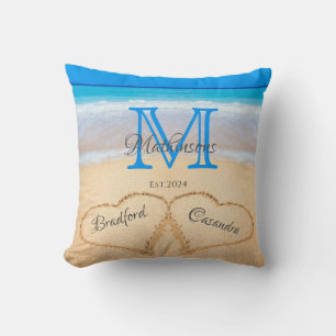 Beach Wedding Hearts in Sand Family Monogram Throw Pillow