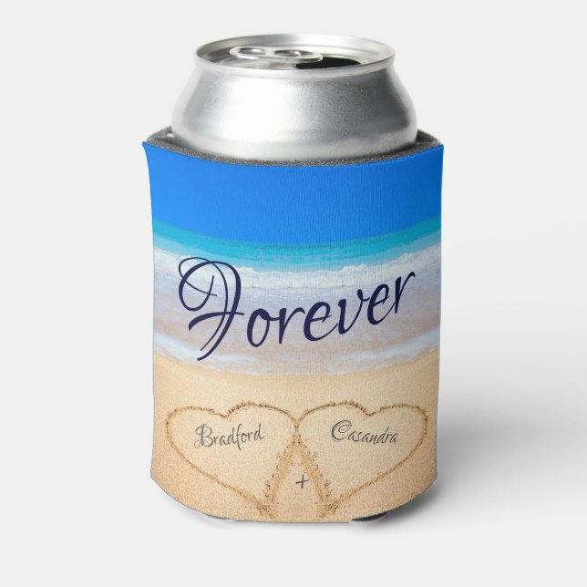  Beach Wedding Hearts in Sand Guest Keepsake Can Cooler (Can Back)