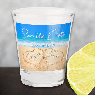 Beach Wedding Hearts in Sand Save The Date Shot Glass