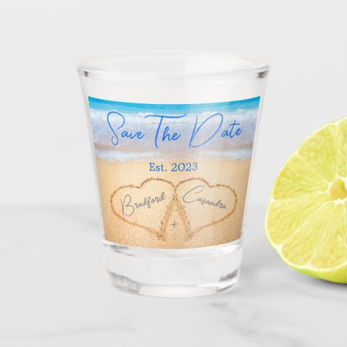  Beach Wedding Hearts in Sand Save The Date Shot Glass