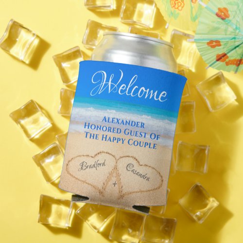  Beach Wedding Hearts in Sand Welcome  Can Cooler