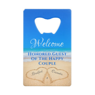 Beach Wedding Hearts in Sand Welcome Credit Card Bottle Opener