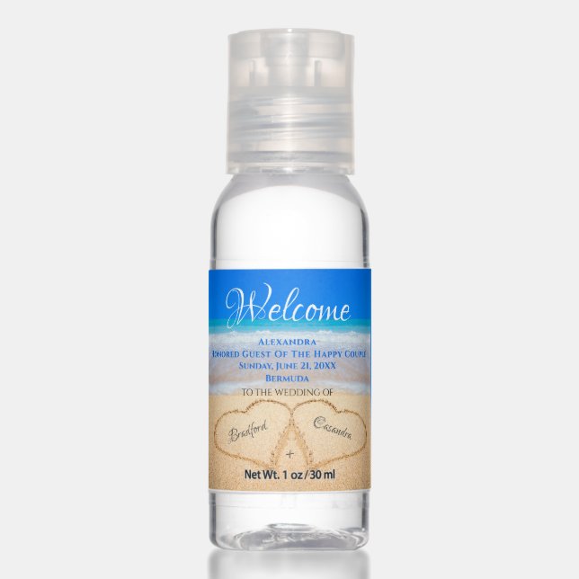  Beach Wedding Hearts in Sand Welcome Hand Sanitizer (Front)