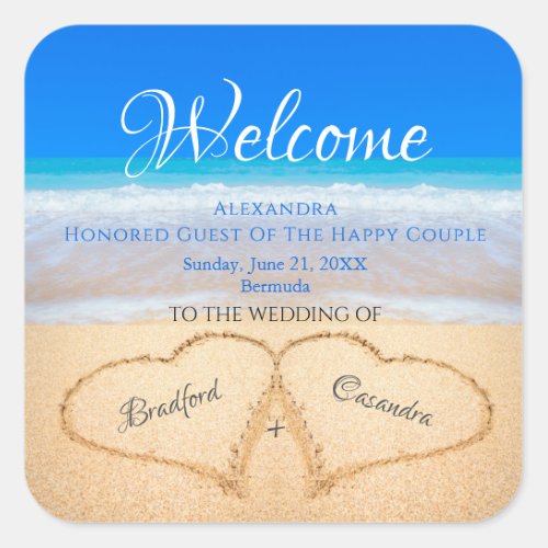  Beach Wedding Hearts in Sand Welcome Keepsake Square Sticker