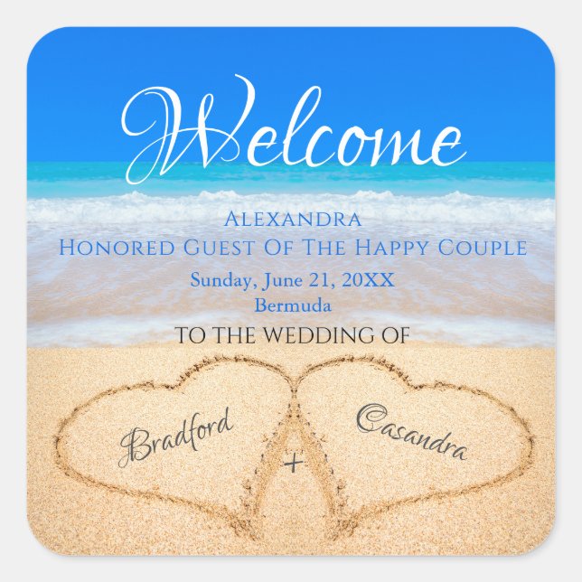  Beach Wedding Hearts in Sand Welcome Keepsake Square Sticker (Front)