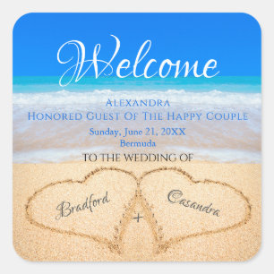 Beach Wedding Hearts in Sand Welcome Keepsake Square Sticker