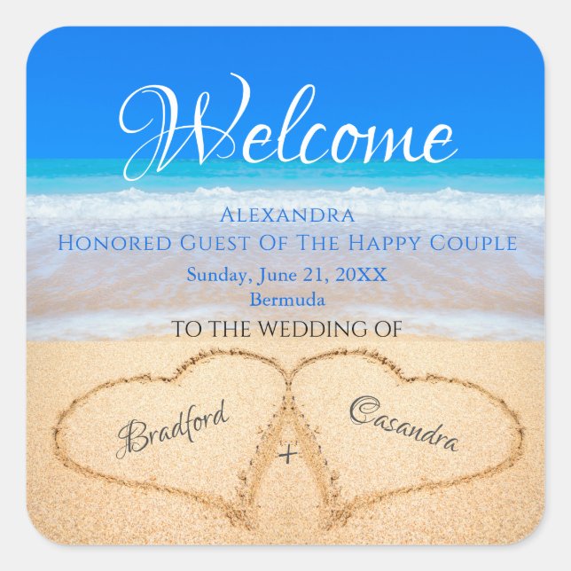 Beach Wedding Hearts in Sand Welcome Keepsake  Square Sticker (Front)