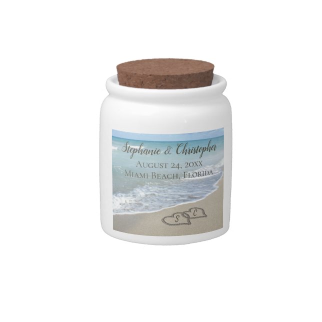 Beach Wedding Hearts in the Sand Elegant Candy Jar (Front)