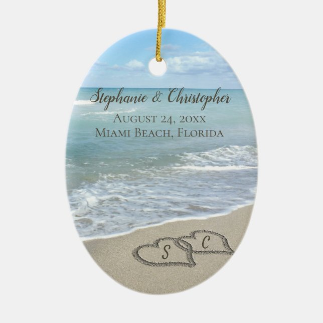 Beach Wedding Hearts in the Sand Elegant Ceramic Ornament (Front)