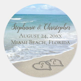 Beach Wedding Hearts in the Sand Elegant Classic Round Sticker