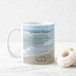 Beach Wedding Hearts in the Sand Elegant Coffee Mug<br><div class="desc">Two interlocking beach wedding hearts drawn in the sand makes an elegant tropical ocean coastal nautical theme wedding,  matching set of items. Pretty turquoise water waves crashing on the shore and pastel blue sky.</div>