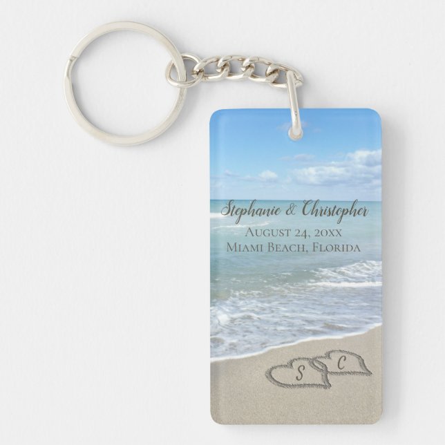 Beach Wedding Hearts in the Sand Elegant Keychain (Front)