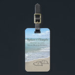 Beach Wedding Hearts in the Sand Elegant Luggage Tag<br><div class="desc">Two interlocking beach wedding hearts drawn in the sand makes an elegant tropical ocean coastal nautical theme wedding,  matching set of items. Pretty turquoise water waves crashing on the shore and pastel blue sky.</div>