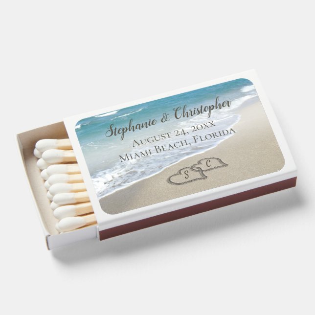 Beach Wedding Hearts in the Sand Elegant Matchboxes (Front Open)