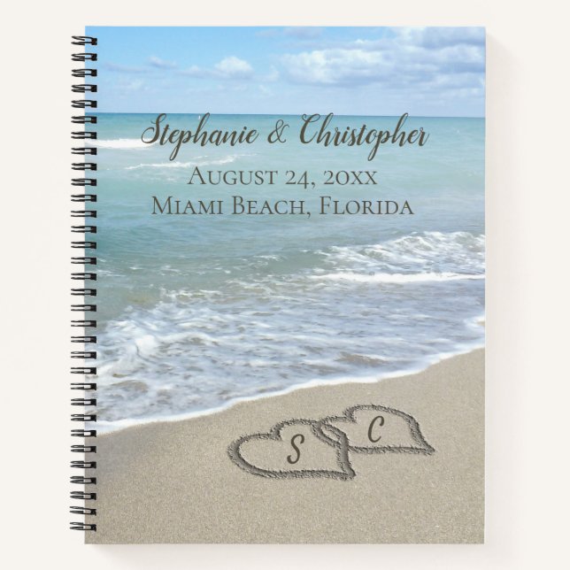 Beach Wedding Hearts in the Sand Elegant Notebook (Front)