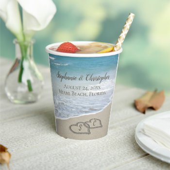Beach Wedding Hearts In The Sand Elegant Paper Cups by CustomInvites at Zazzle