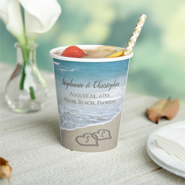 Beach Wedding Hearts in the Sand Elegant Paper Cups (Insitu)