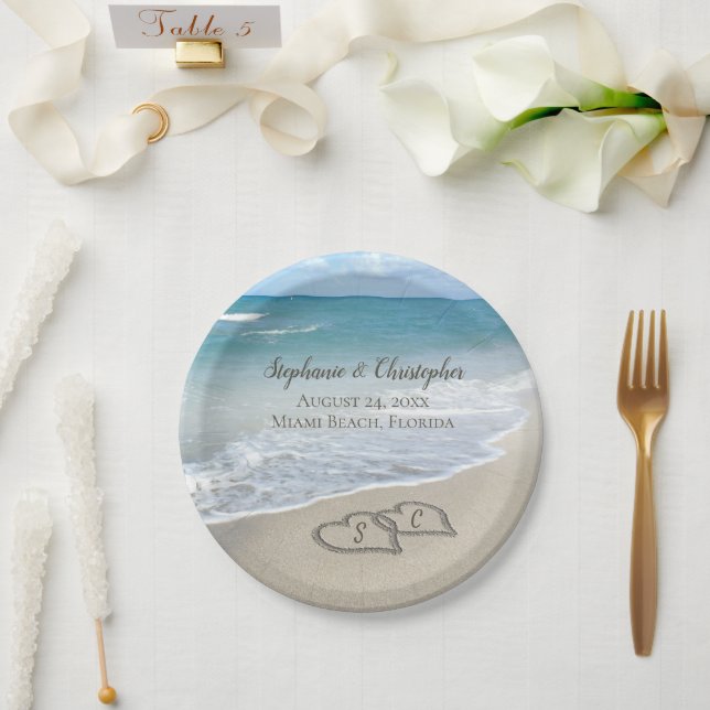 Beach Wedding Hearts in the Sand Elegant Paper Plates (Wedding)