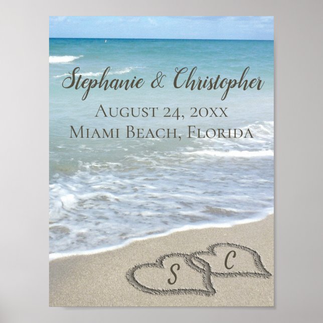 Beach Wedding Hearts in the Sand Elegant Poster (Front)