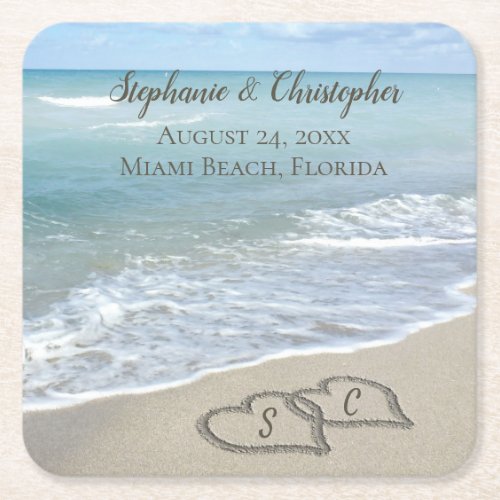 Beach Wedding Hearts in the Sand Elegant Square Paper Coaster