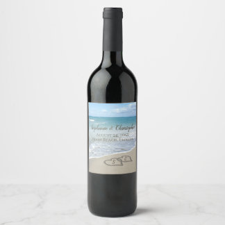 Beach Wedding Hearts in the Sand Elegant Wine Label