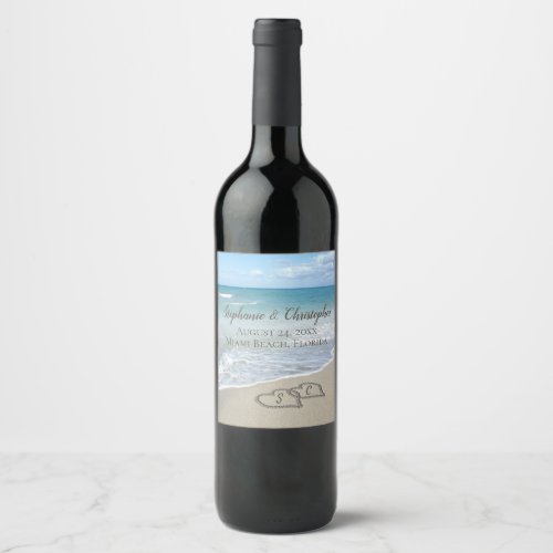 Beach Wedding Hearts in the Sand Elegant Wine Label