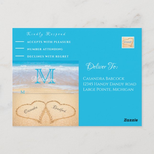 Beach Wedding Hearts in the Sand RSVP Postcard (Back)