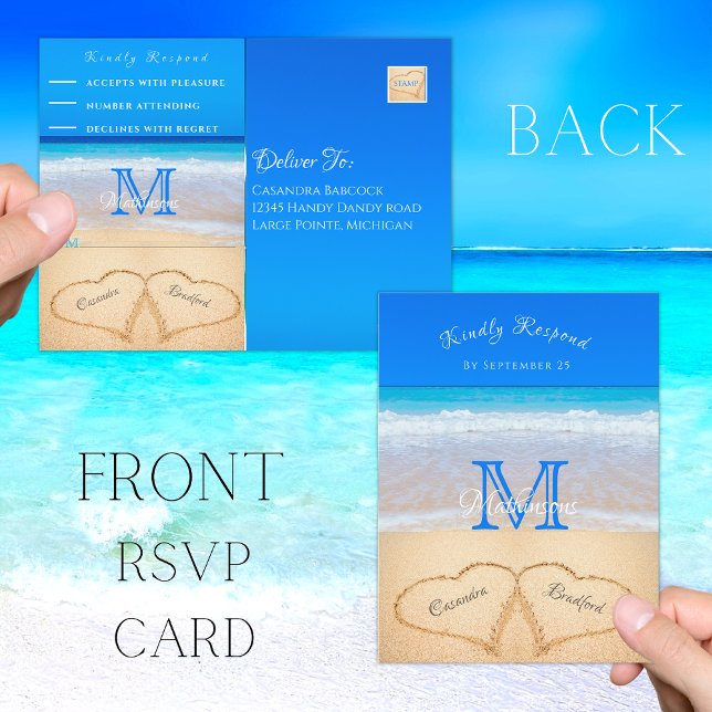 Beach Wedding Hearts in the Sand RSVP Postcard (Creator Uploaded)