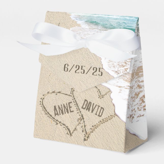 Beach Wedding Hearts On Sand Favor Boxes (Front Side)