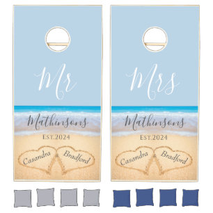 Beach Wedding Hearts Sand Family Monogram  Cornhol Cornhole Set