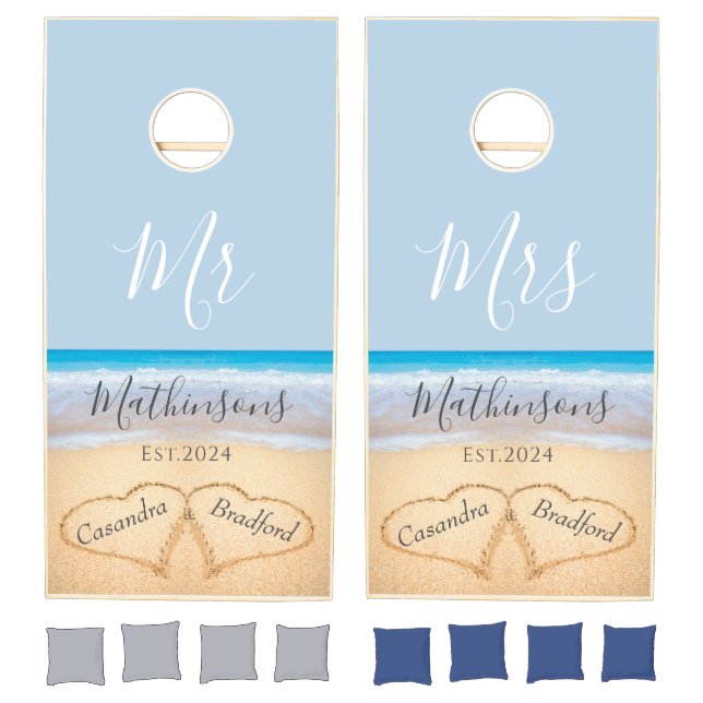 Beach Wedding Hearts Sand Family Monogram  Cornhol Cornhole Set (Set)