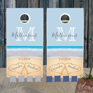 Beach Wedding Hearts Sand Family Monogram  Cornhole Set