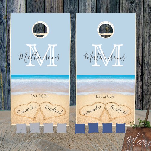 Beach Wedding Hearts Sand Family Monogram  Cornhole Set
