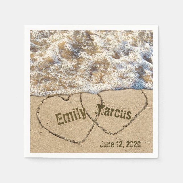 Beach Wedding Hearts with names Napkins (Front)