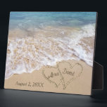 Beach Wedding Hearts with Newlywed Names  Plaque<br><div class="desc">Pair of hearts in beach sand with turquoise ocean water and newlywed names including wedding date.
Names and wedding date are editable.</div>