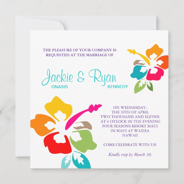 Beach Wedding Hibiscus Flower Colorful Invitation (Front)