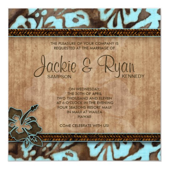 Beach Wedding Invitation Hibiscus Blue Brown
