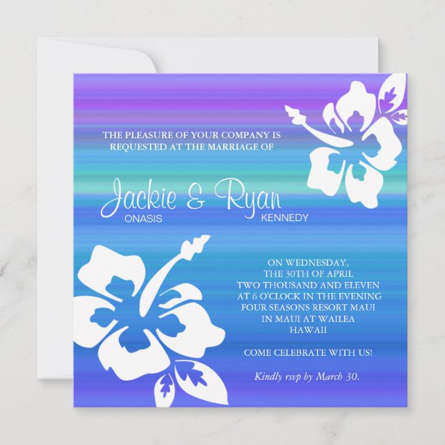 Beach Wedding Invitation Hibiscus Blue Purple (Front)