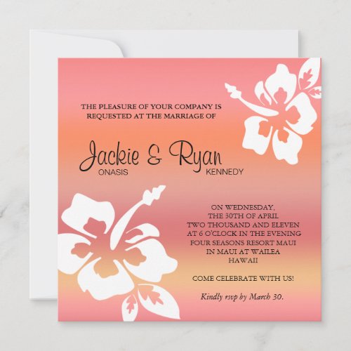 Beach Wedding Invitation Hibiscus Coral Orange